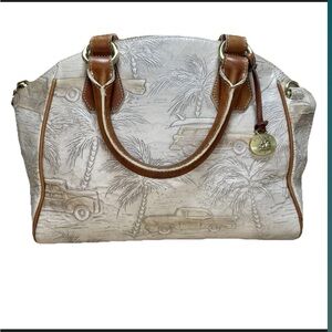 Brahmin Women’s Embossed Leather Satchel Handbag Palm Trees Cars Tan Brown Purse